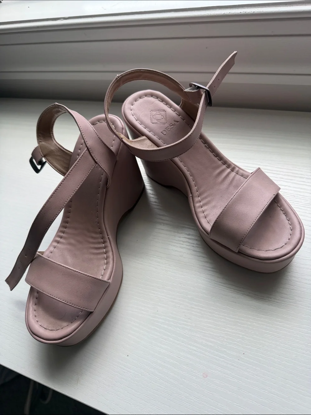 Blush Pink Wedge Sandals with Ankle Strap